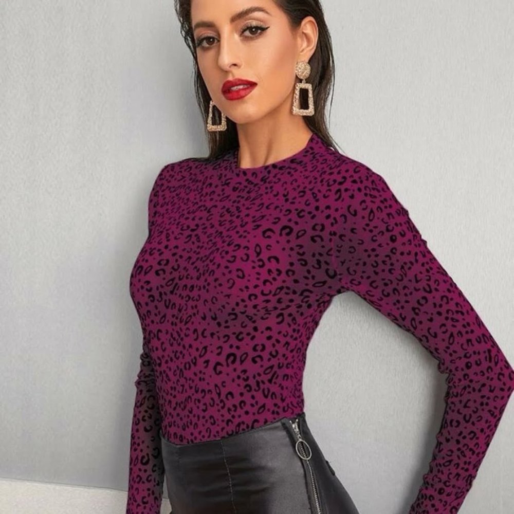 SHEIN Leopard Collar Semi Sheer Top, Medium